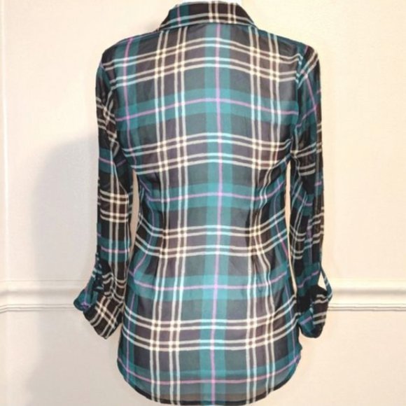 EUC Modcloth Sheer Plaid Button Down Blouse 1X - Picture 16 of 16